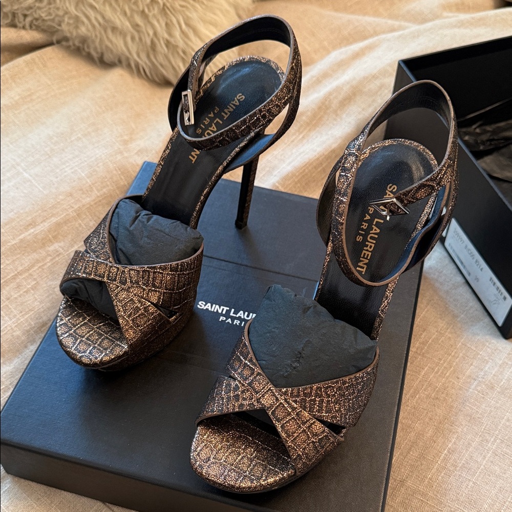 Saint Laurent Metallic Bronze Crisscross Ankle-Strap Stilettos - Picture 2 of 4
